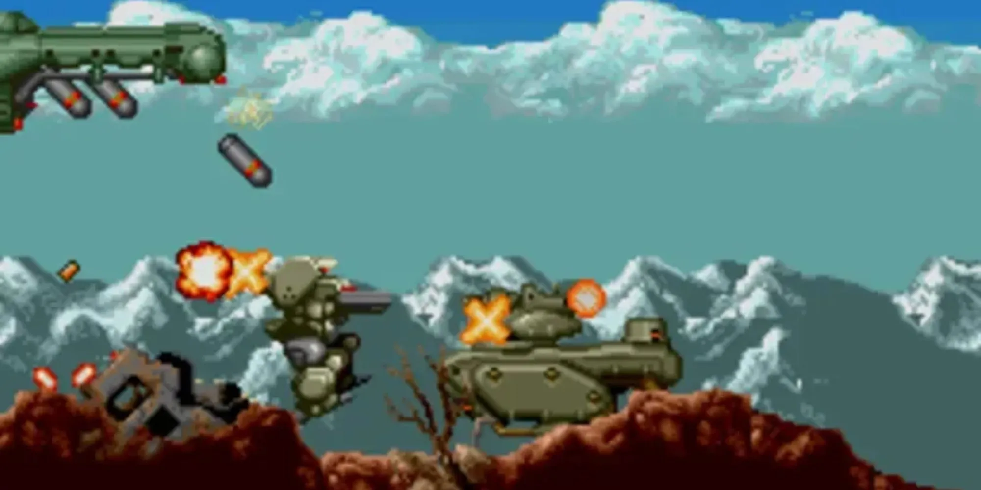Ảnh chụp màn hình một robot chiến đấu trong game Cybernator trên SNES