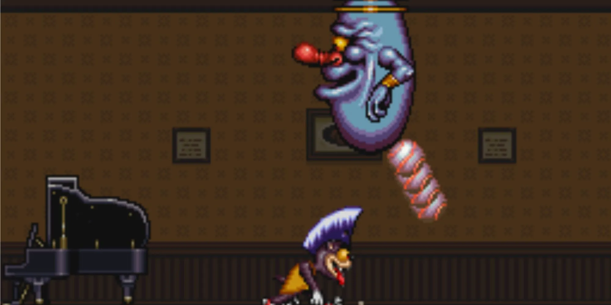 Ảnh chụp màn hình nhân vật Rocky Rodent với kiểu tóc lạ trong game trên SNES