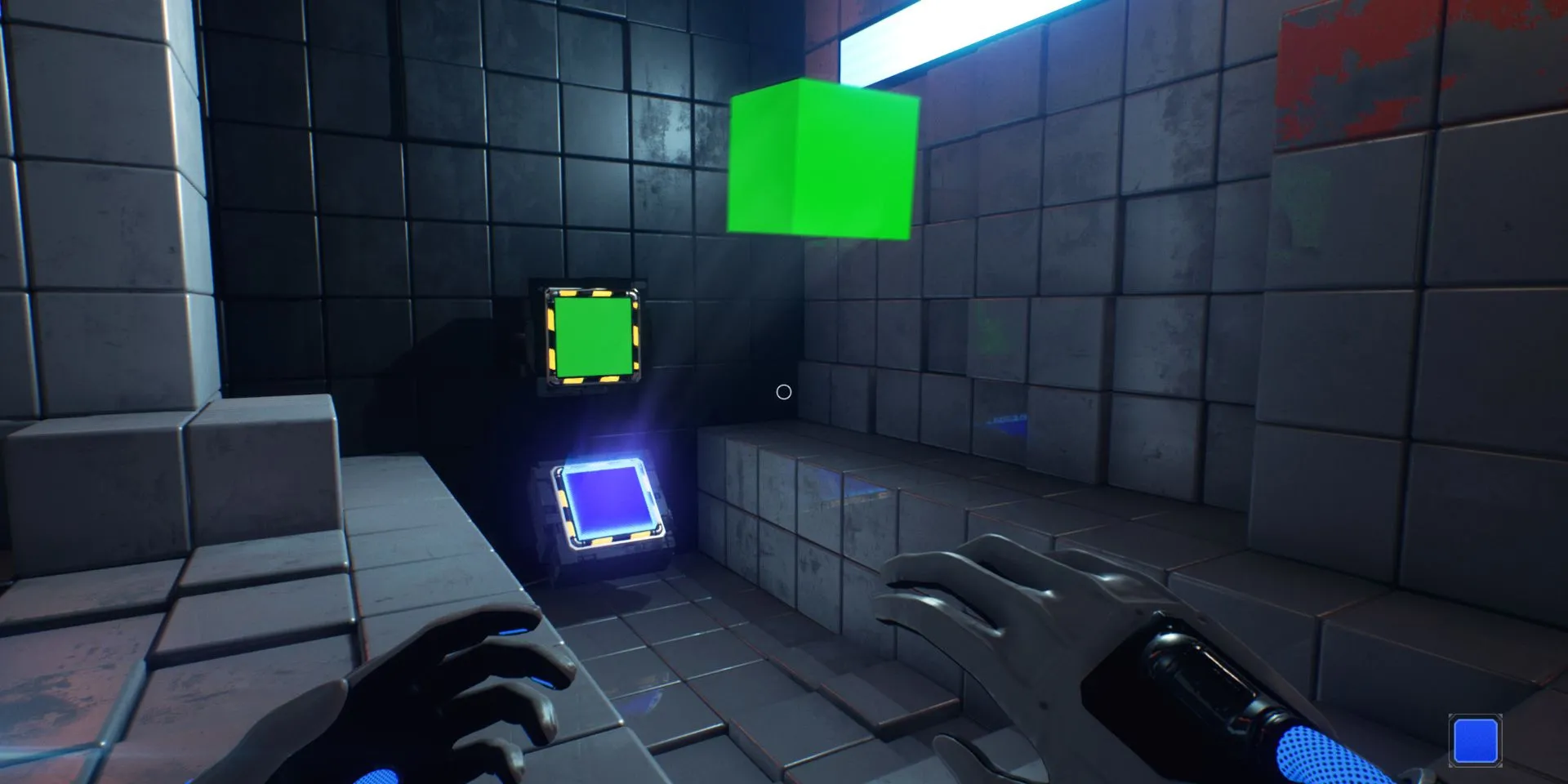 Ảnh chụp màn hình Q.U.B.E. 2 từ Steam, cho thấy một khối đang được phóng đi từ bệ bật