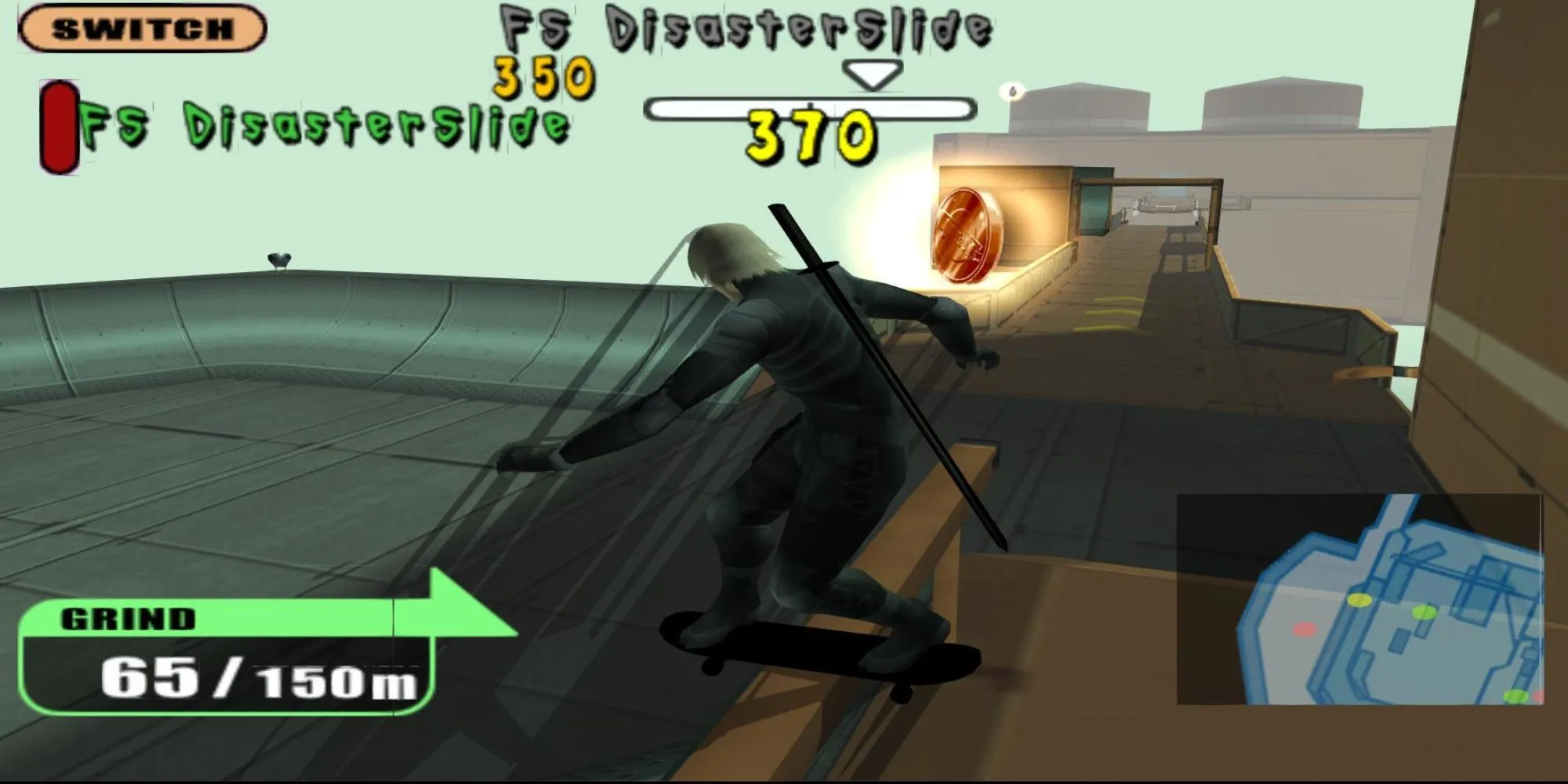 Ảnh chụp màn hình Raiden trong màn chơi Skate Level của Metal Gear Solid 2