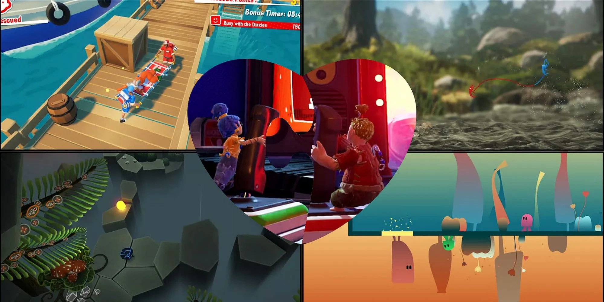 Ảnh ghép các tựa game co-op trên Nintendo Switch, bao gồm It Takes Two, phù hợp cho các cặp đôi