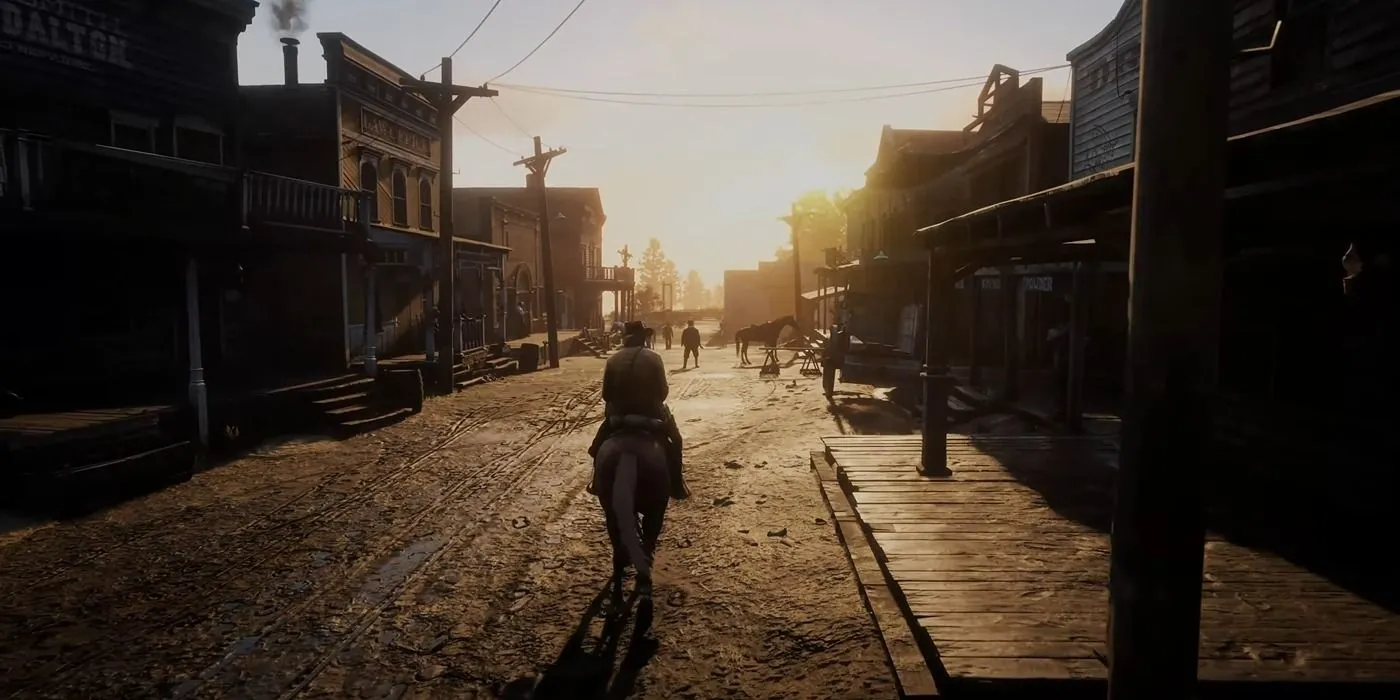 Arthur Morgan cưỡi ngựa khám phá thị trấn Valentine trong Red Dead Redemption 2