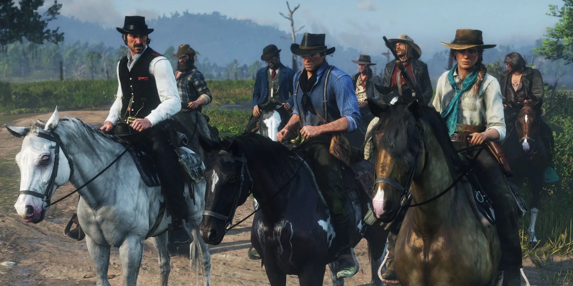 Arthur Morgan và băng đảng Van Der Linde cưỡi ngựa trong Red Dead Redemption 2