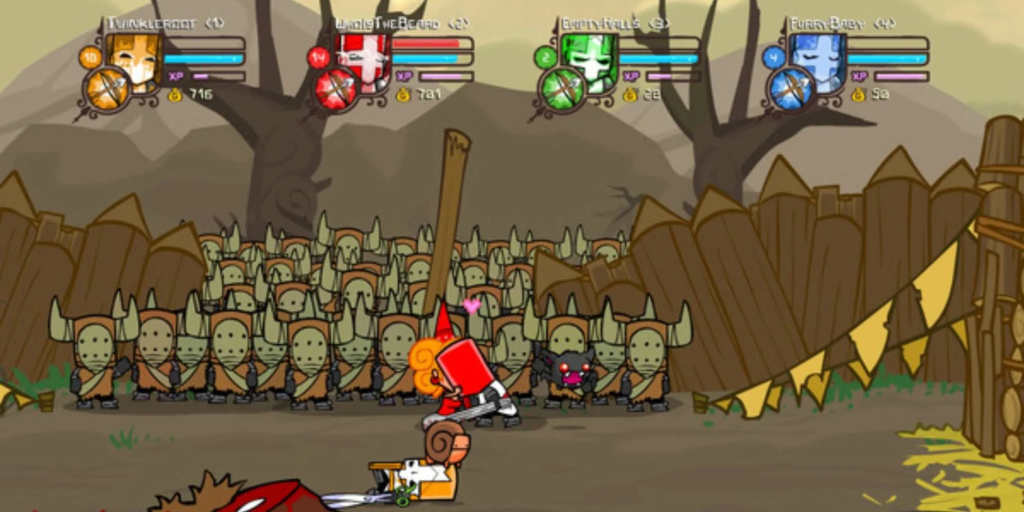 Ba hiệp sĩ đầy màu sắc trong game Castle Crashers chiến đấu với kẻ thù