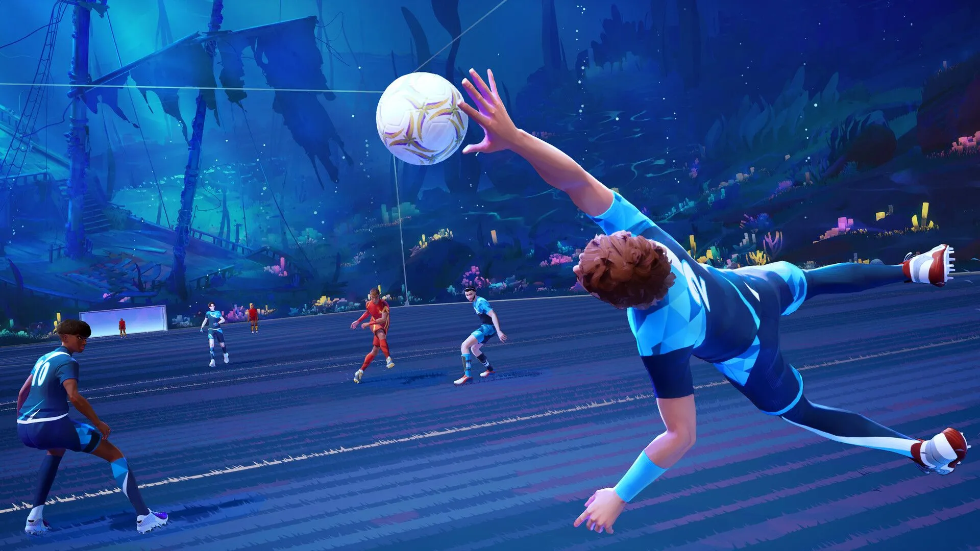 Ba nhân vật đang thi đấu bóng đá trong game Rematch