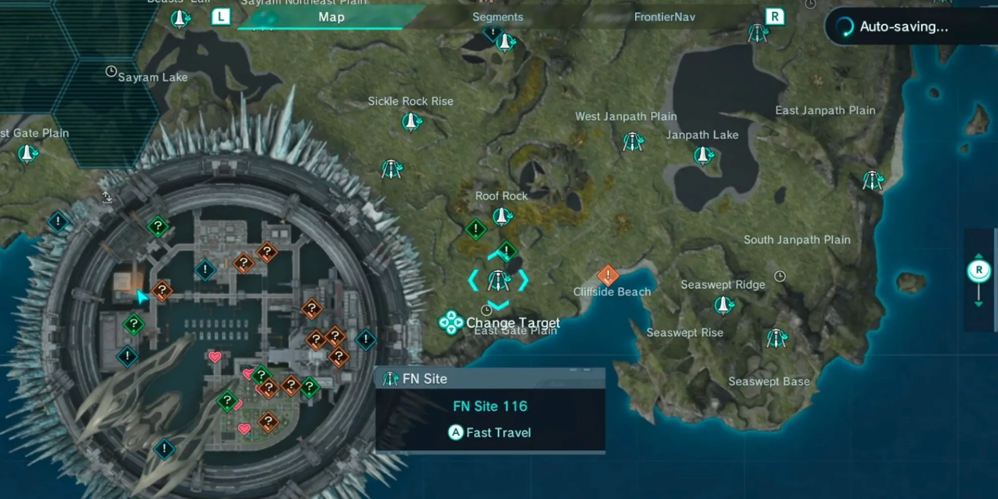 Bản đồ Fast Travel trong Xenoblade Chronicles X hiển thị điểm đến Cliffside Beach
