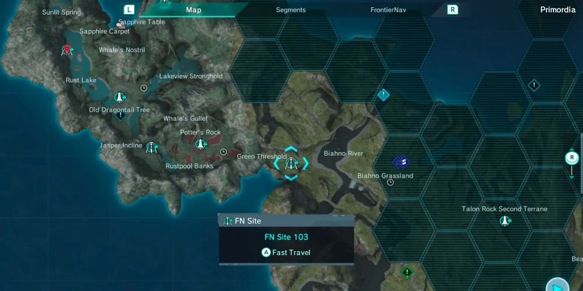 Bản đồ Xenoblade Chronicles X với các điểm FN Site gần Biahno River cho nhiệm vụ thú cưng