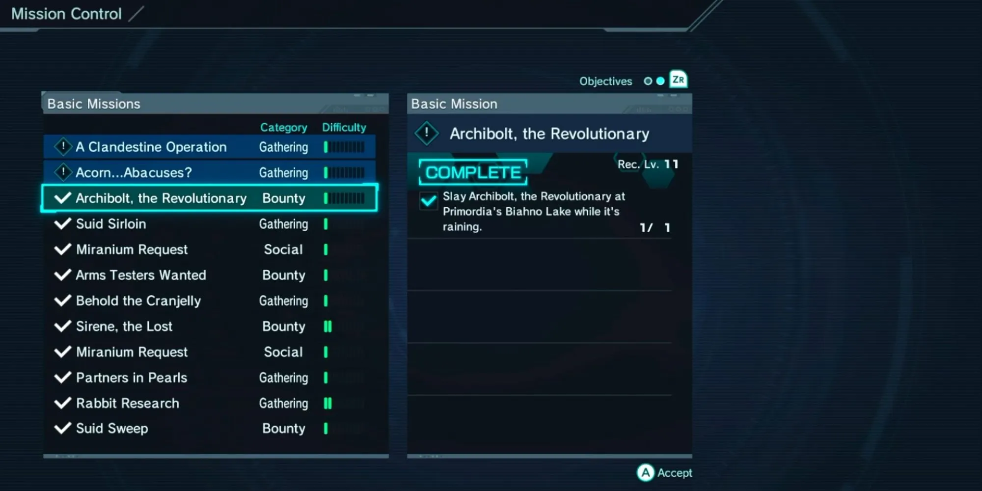 Bảng hiển thị danh sách các Nhiệm vụ Cơ bản (Basic Missions) trong Xenoblade Chronicles X mà người chơi có thể nhận.