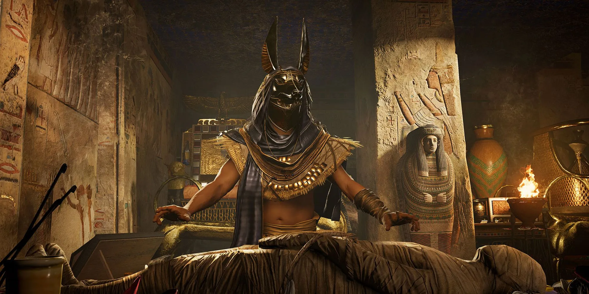 Bayek đối mặt với Anubis trong một thử thách thần thoại ở Assassin's Creed Origins