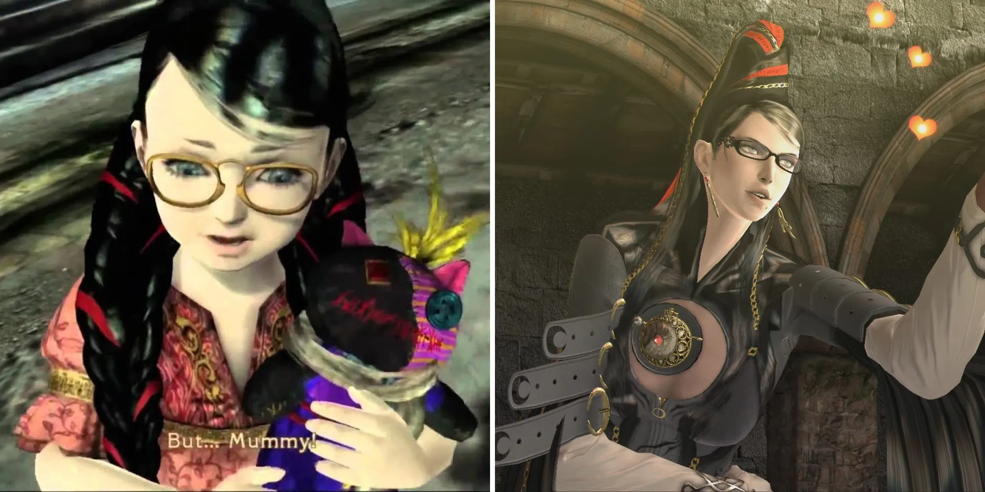 Bayonetta và Cereza trong game Bayonetta, thể hiện sự giống nhau giữa hai nhân vật