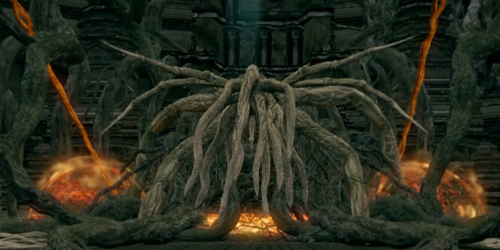 Bed of Chaos boss dạng cây với sàn đấu sụp đổ trong Dark Souls