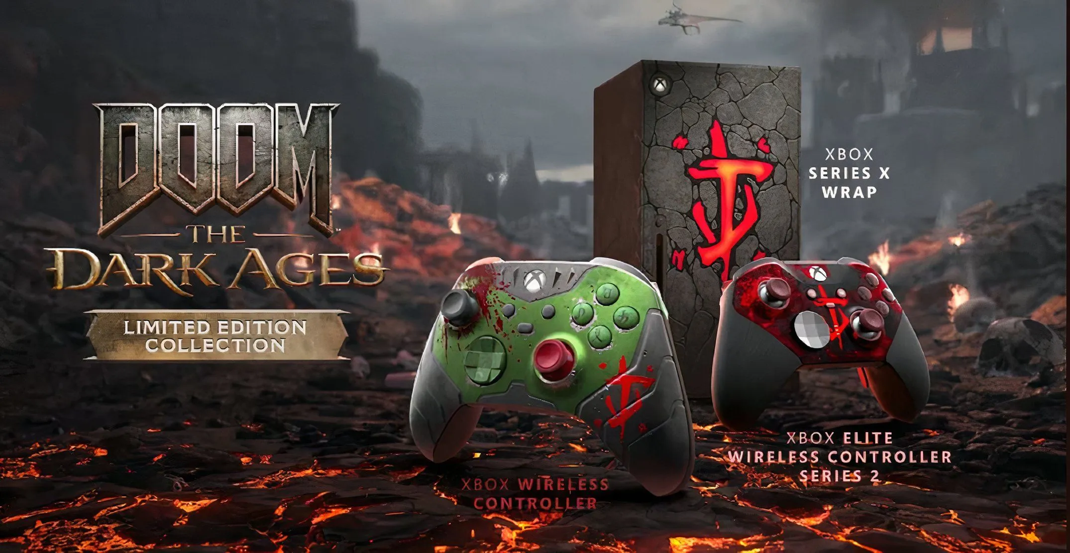 Bộ tay cầm Xbox Elite Controller và miếng dán trang trí Xbox Series X theo chủ đề DOOM The Dark Ages.