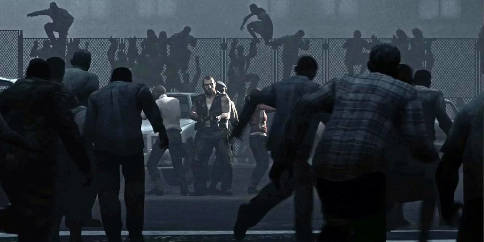 Bốn người sống sót trong Left 4 Dead 2 chiến đấu chống lại một bầy zombie đông đảo trong thành phố