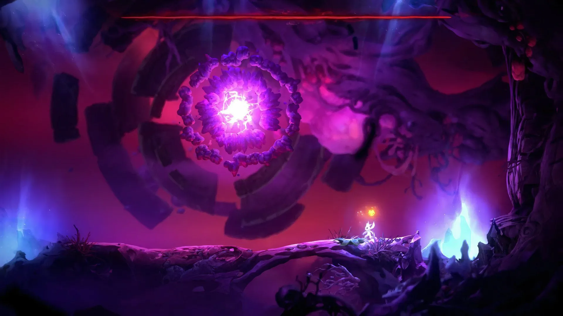 Boss Willow Stone lơ lửng phía trên Ori trong game Ori and the Will of the Wisps