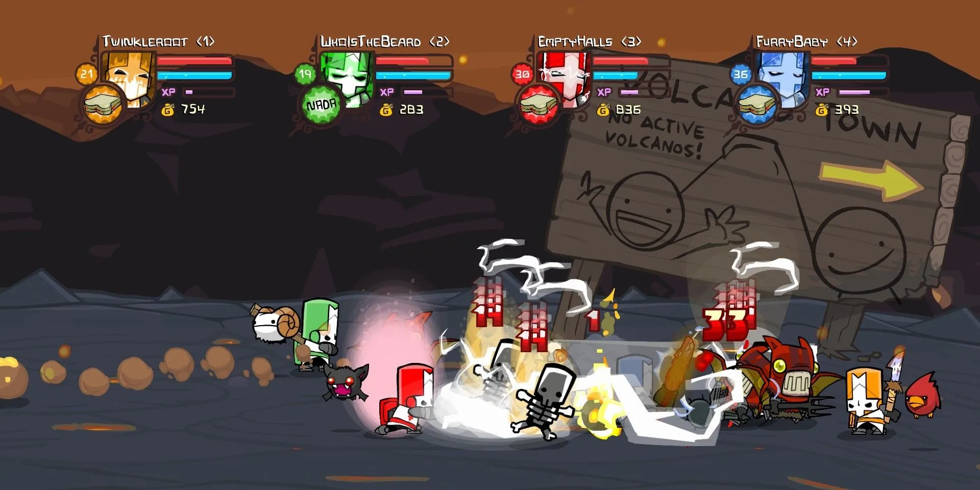 Các hiệp sĩ Castle Crashers chiến đấu trong một màn chơi co-op vui nhộn