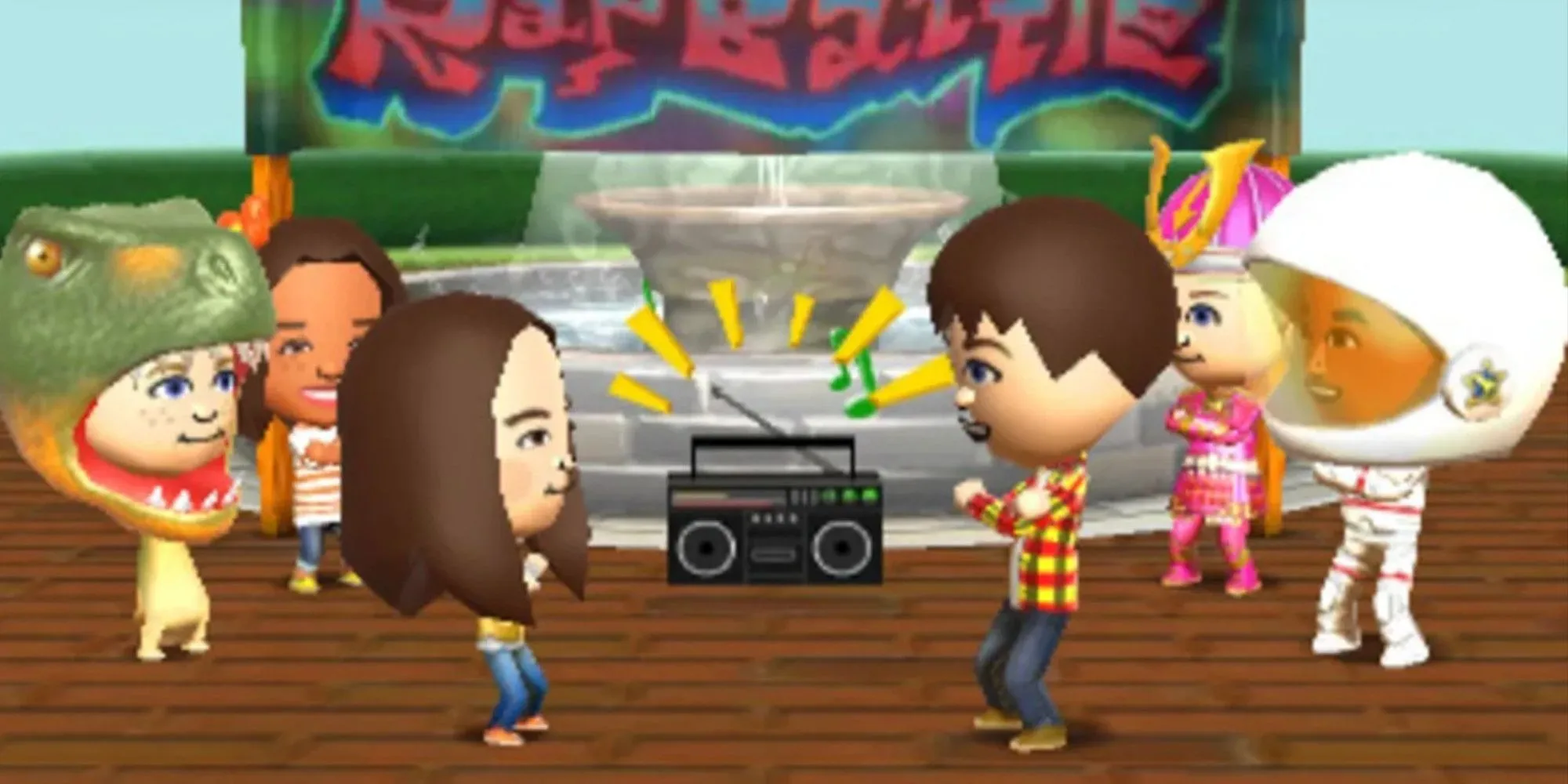 Các Mii trong trang phục nhảy múa quanh boombox trong Tomodachi Life