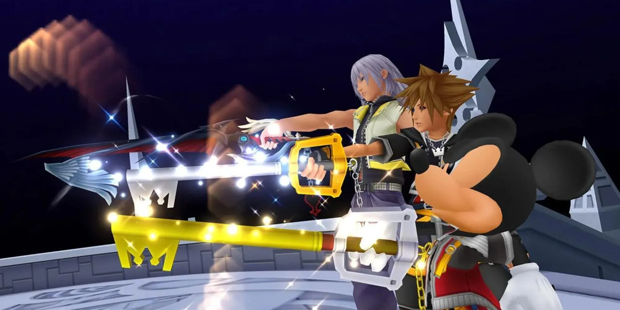 Các nhân vật Sora, Riku và Vua Mickey trong tựa game Kingdom Hearts 2