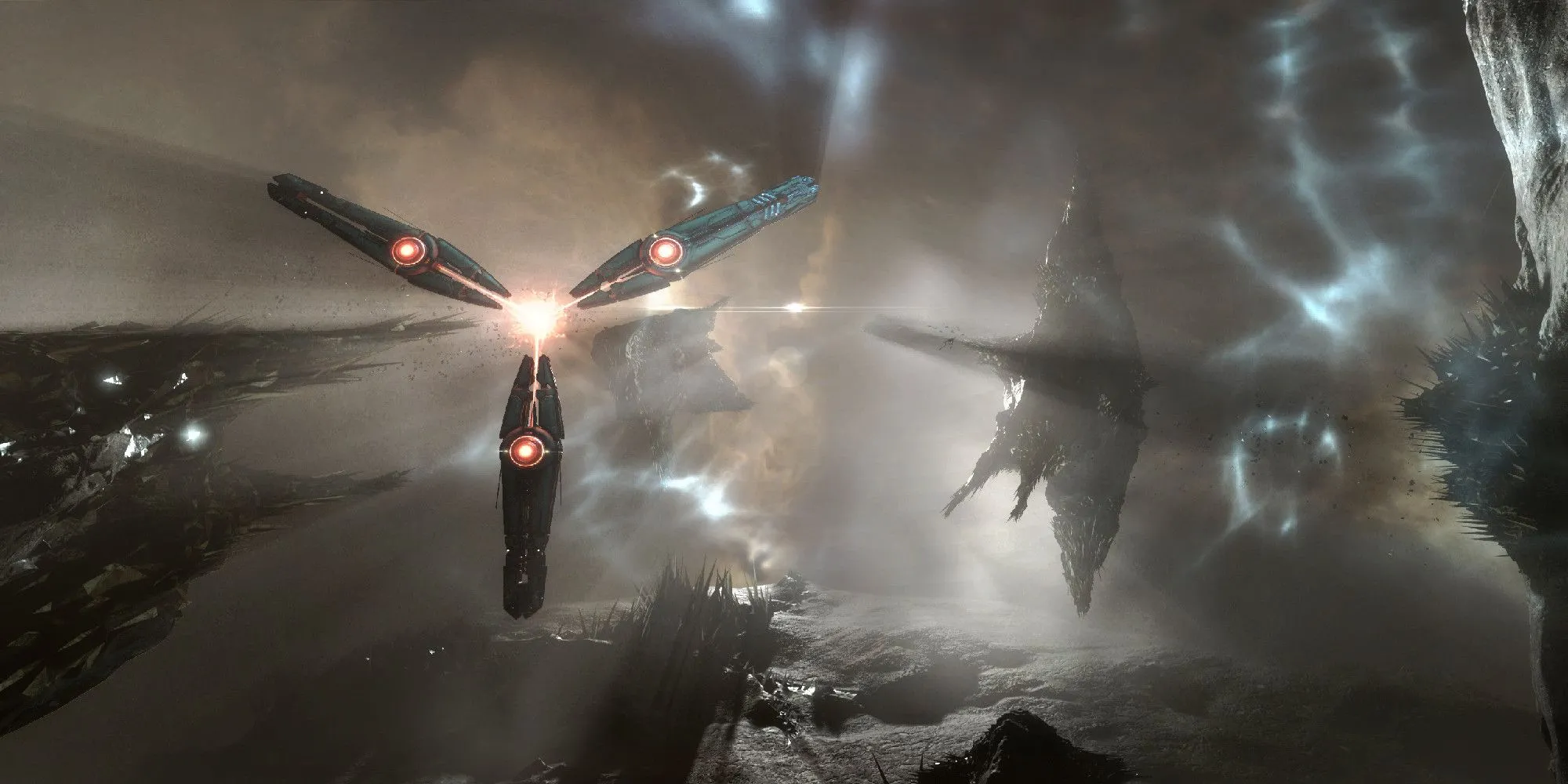 Các phi thuyền trong EVE Online tiến về phía một tàu chiến khổng lồ