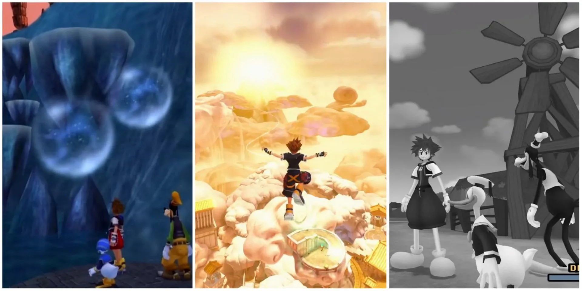 Các thế giới biểu tượng trong Kingdom Hearts như Hollow Bastion, Olympus và Timeless River