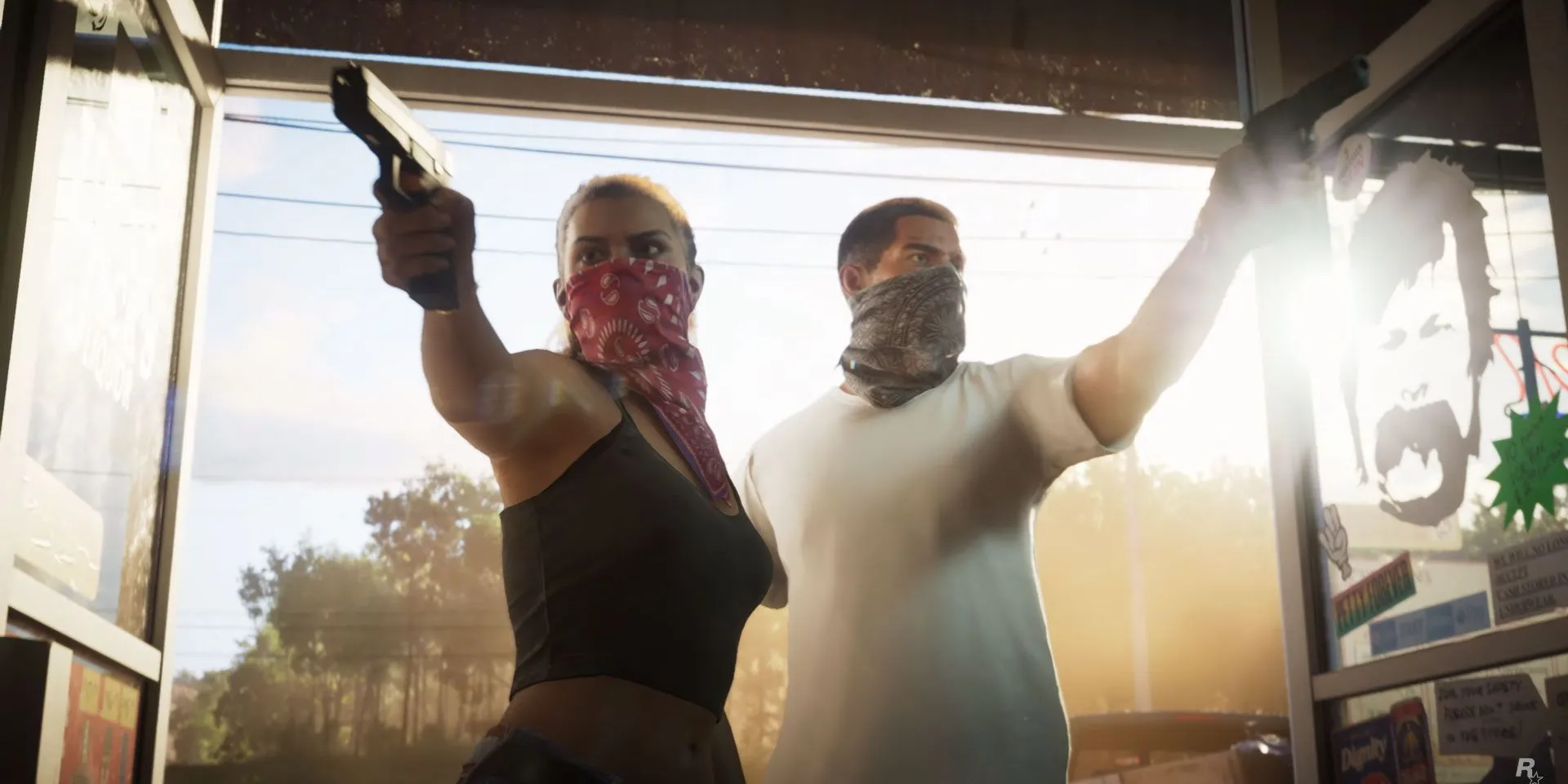 Cận cảnh Lucia và Jason trong một phân đoạn của trailer đầu tiên GTA 6