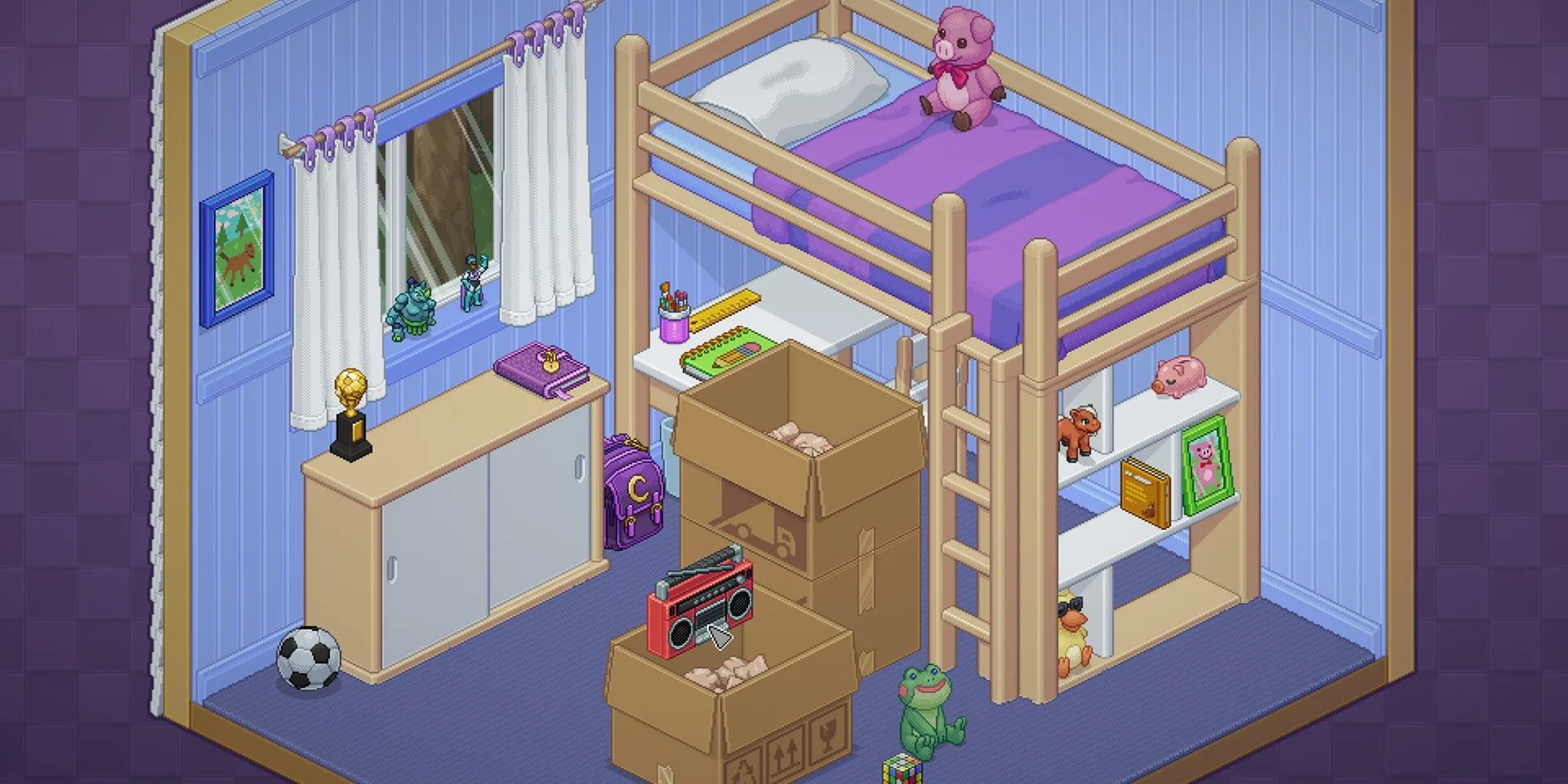 Căn phòng đầu tiên trong game giải đố thư giãn Unpacking khi người chơi bắt đầu sắp xếp đồ đạc