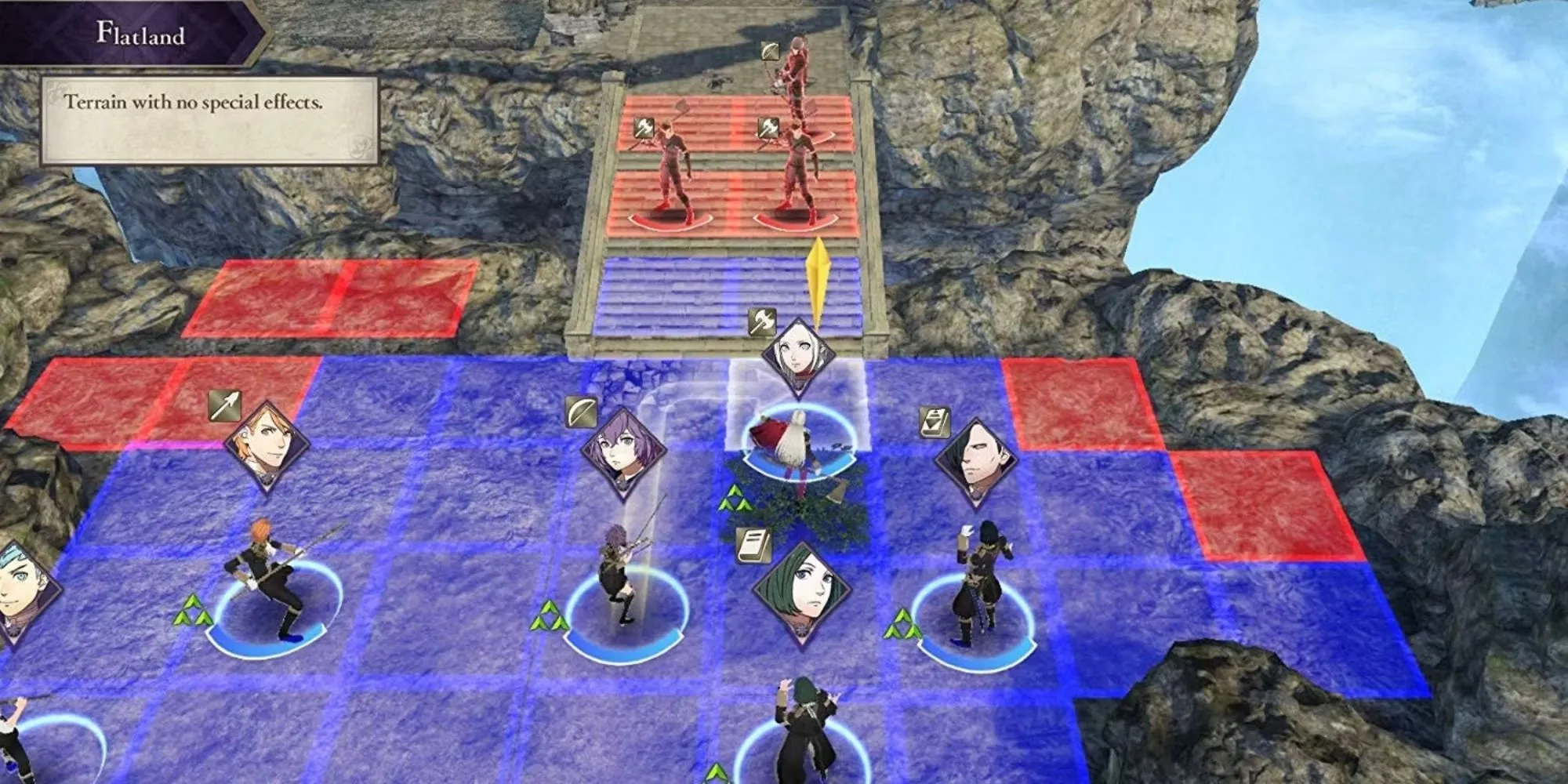 Cảnh chiến đấu chiến thuật theo lượt trong game Fire Emblem: Three Houses, hiển thị các đơn vị trên bản đồ dạng lưới.