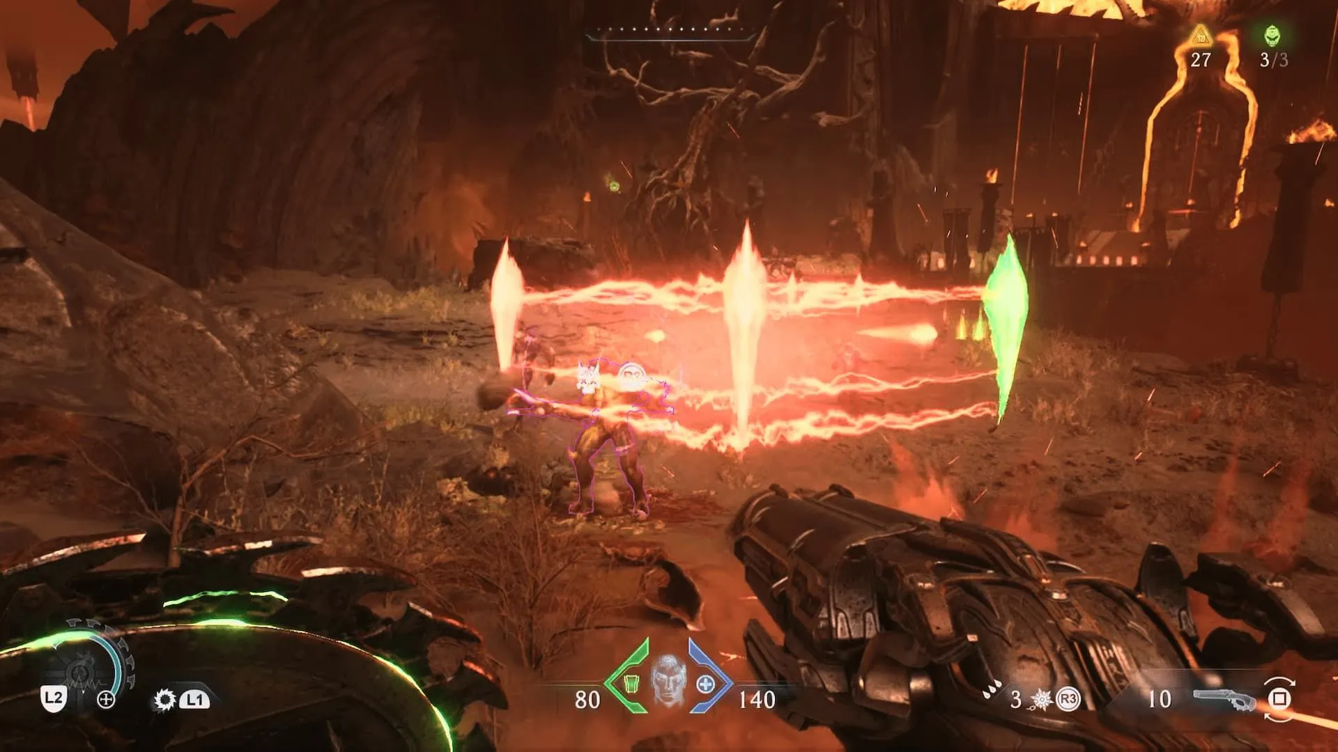 DOOM: The Dark Ages Rò Rỉ Sớm: Game Thủ Cần Cảnh Giác Với Spoiler Trước Ngày Phát Hành 1 Cảnh chiến đấu kịch tính trong DOOM: The Dark Ages với Doom Slayer đối mặt với các sinh vật quỷ dữ và tia laser.