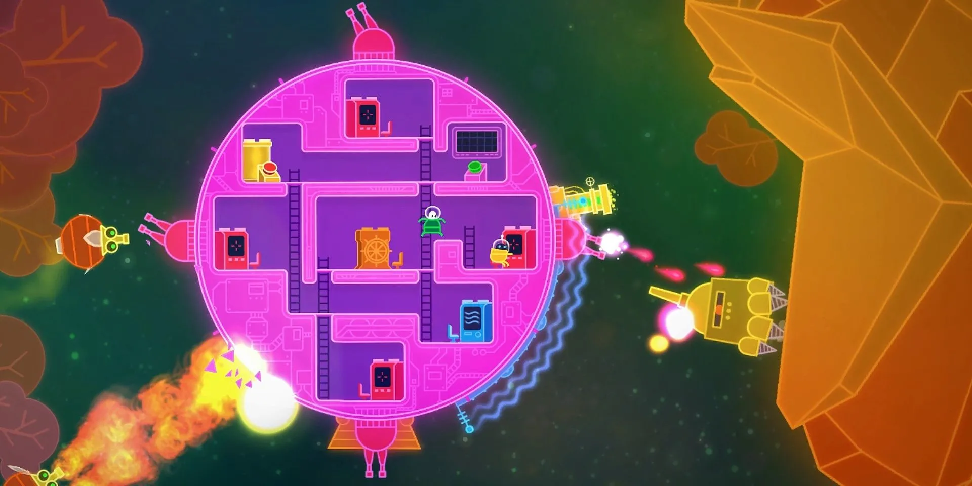 Cảnh chiến đấu ngoài không gian của con tàu hình trái tim trong game Lovers in a Dangerous Spacetime, nơi mỗi người chơi điều khiển một bộ phận khác nhau.