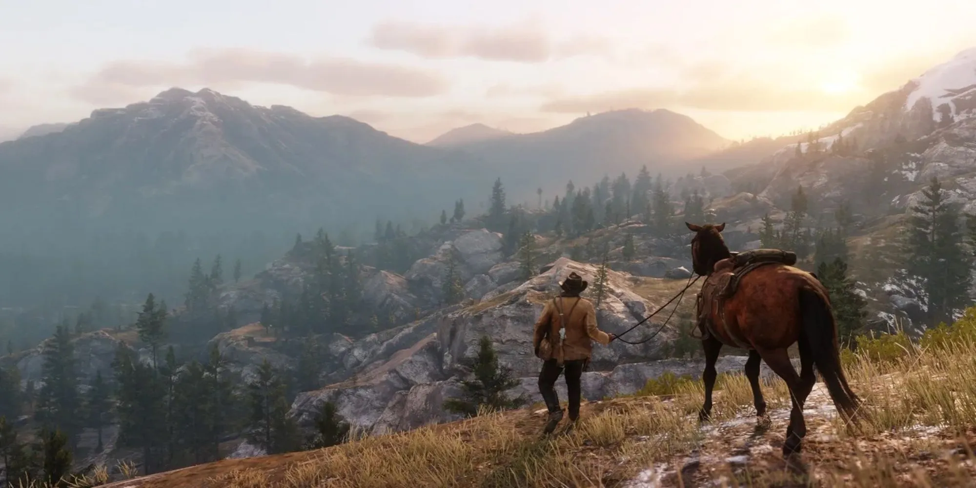 Cảnh cưỡi ngựa trong Red Dead Redemption 2, làm nổi bật thế giới mở và sự liền mạch khi di chuyển