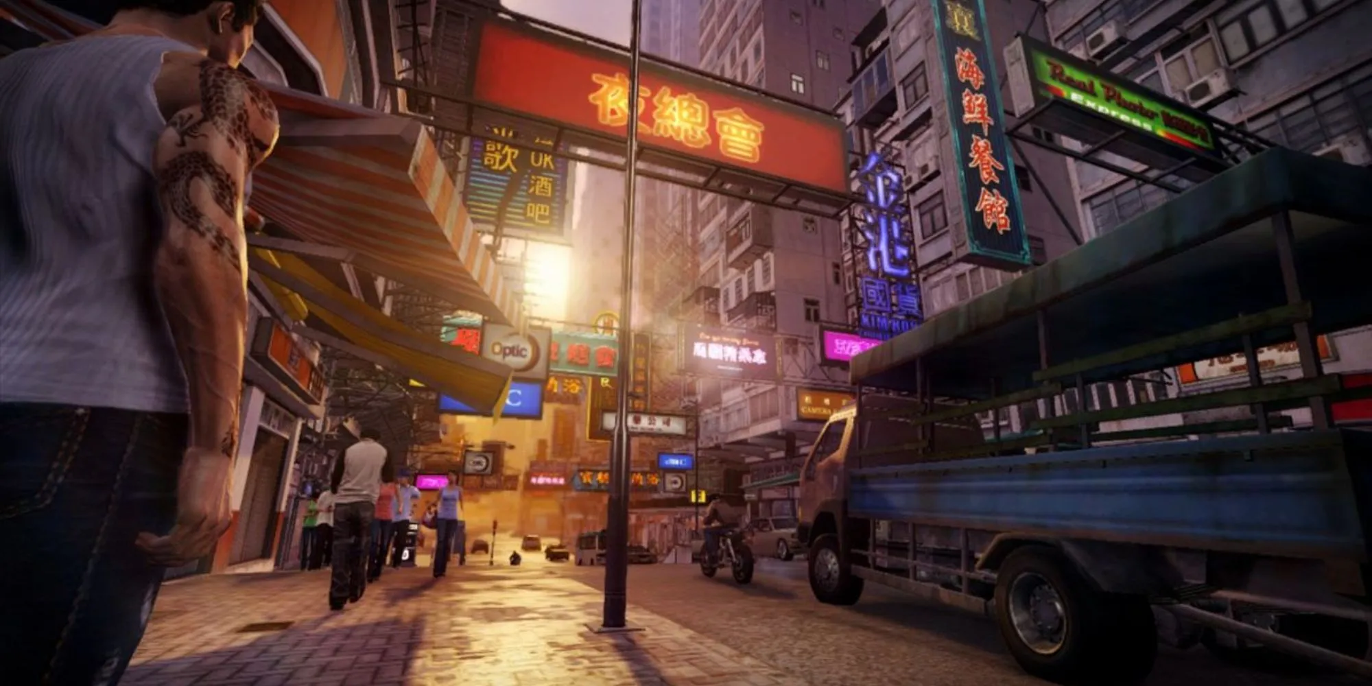 Cảnh đường phố Hồng Kông về đêm trong game Sleeping Dogs với nhiều ánh đèn neon