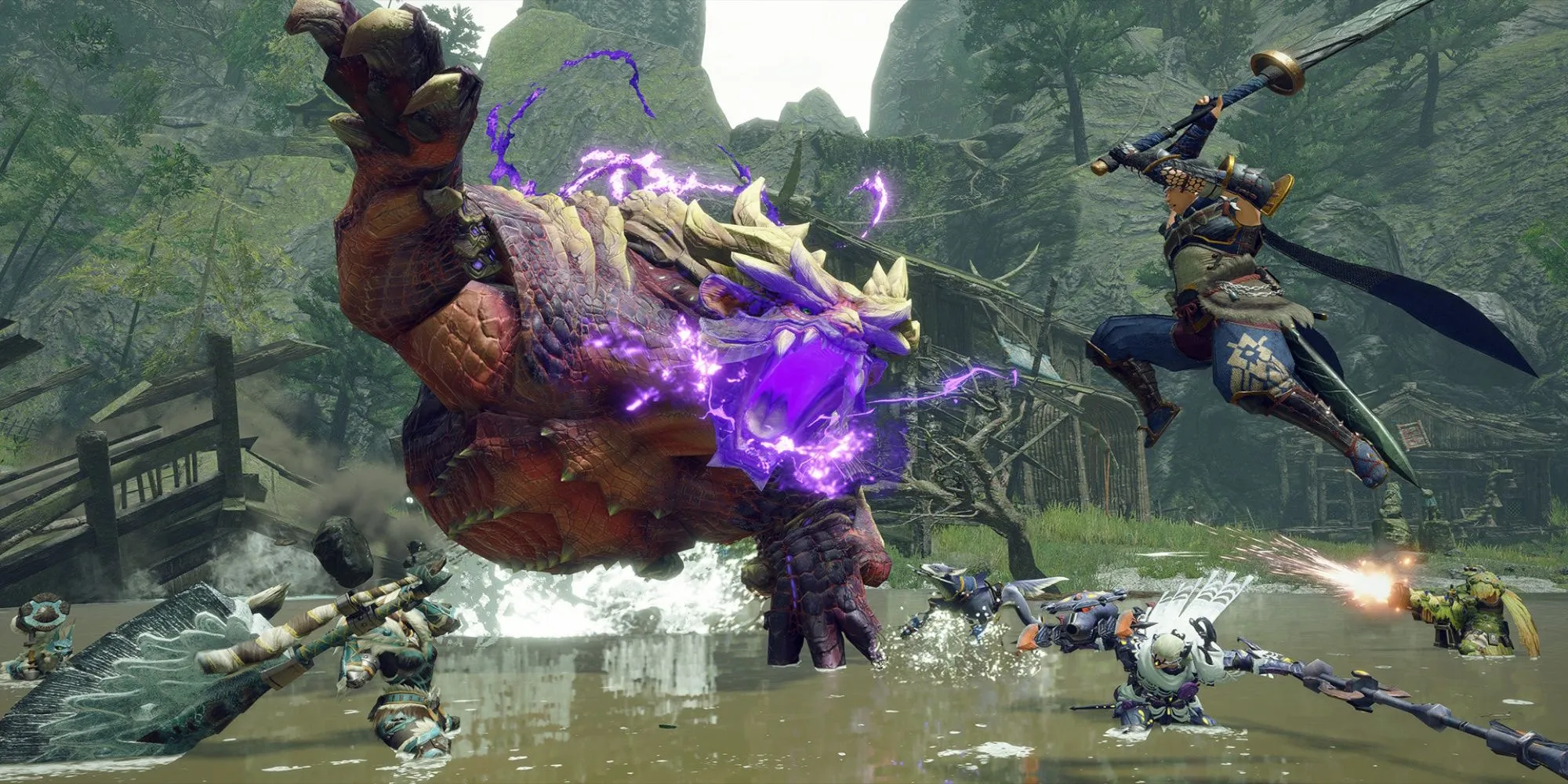 Cảnh gameplay game Monster Hunter Rise trên Steam, hiển thị người chơi đang chiến đấu với quái vật trong một khu vực săn bắn.