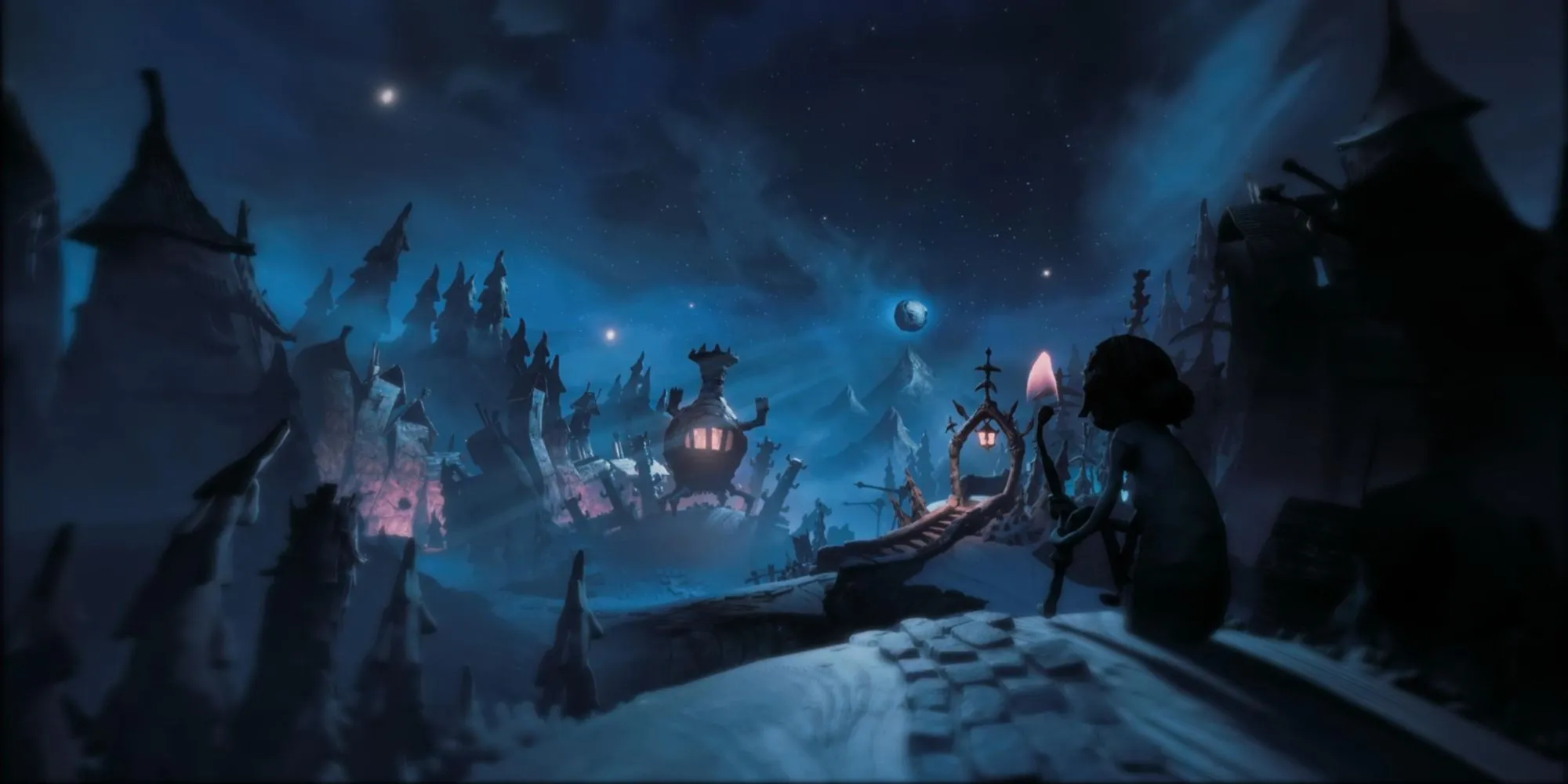 Cảnh mặt trăng hoặc bóng tối bao trùm sau khi chọn 'Stop' trong The Midnight Walk, minh họa cho kết thúc 'Fade Away'
