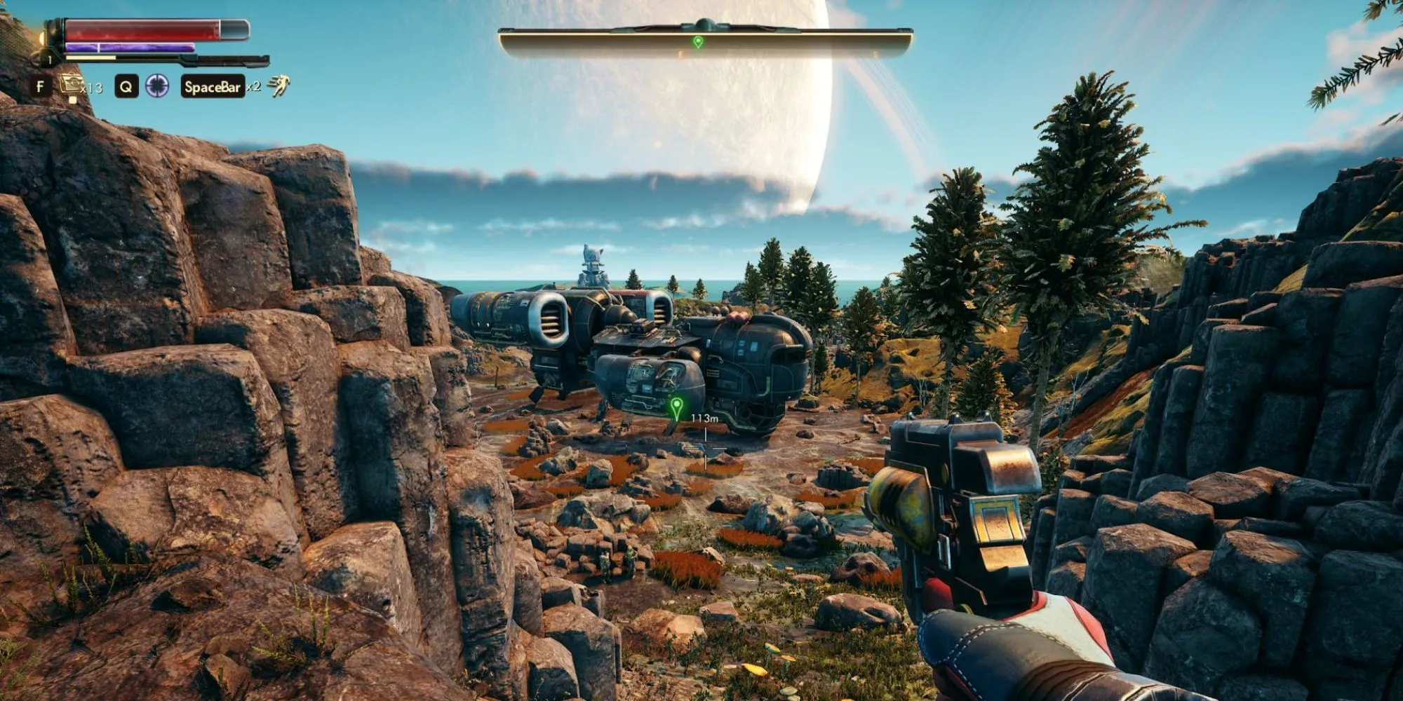 Cảnh mở đầu của The Outer Worlds với nhân vật nhìn ra không gian