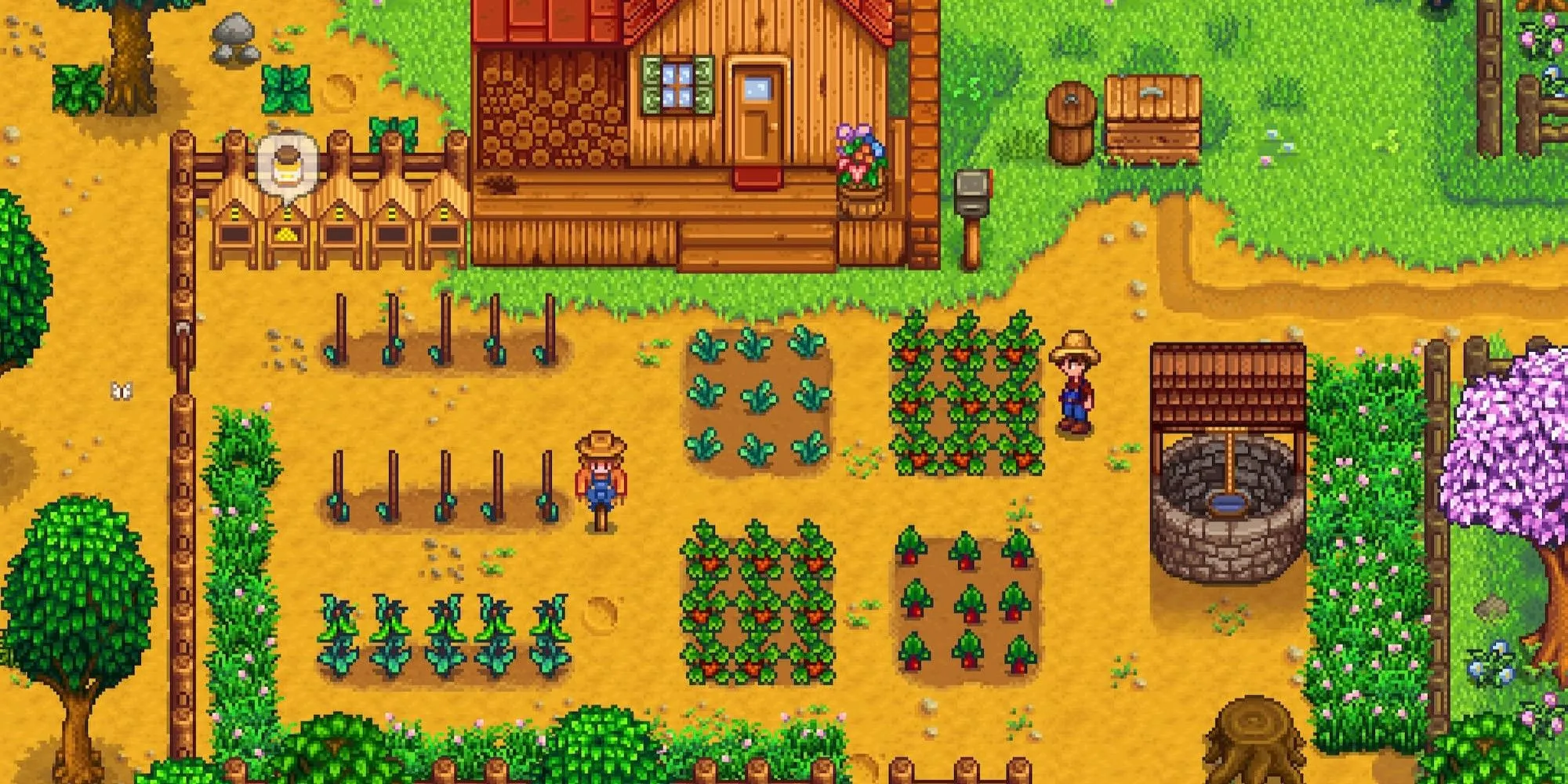 Cảnh người chơi chăm sóc cây trồng trong trang trại ở Stardew Valley, thể hiện lối chơi mô phỏng nông trại và đồ họa pixel