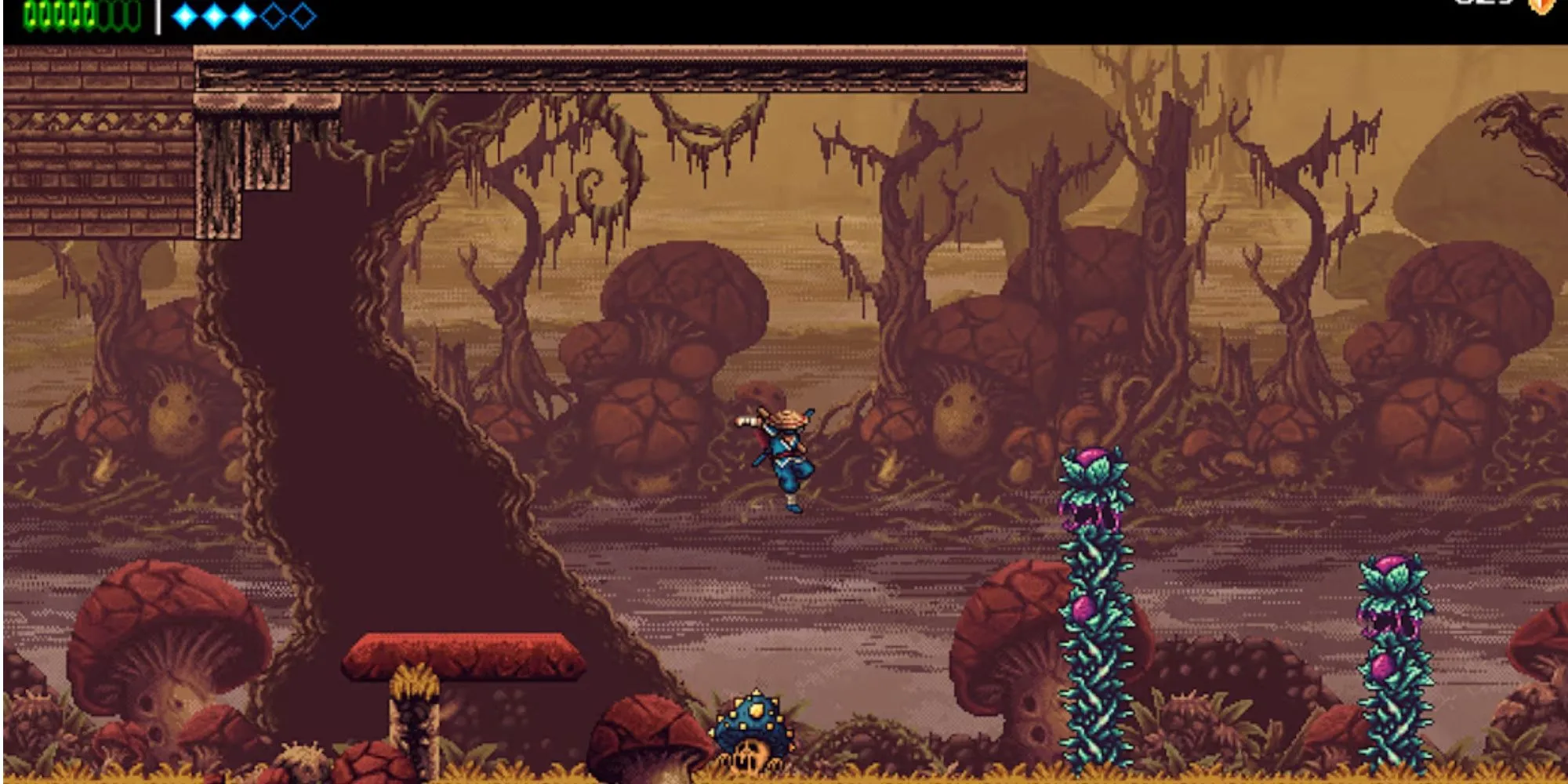 Cảnh nhân vật ninja The Messenger chuẩn bị chiến đấu trên nền đồ họa pixel retro
