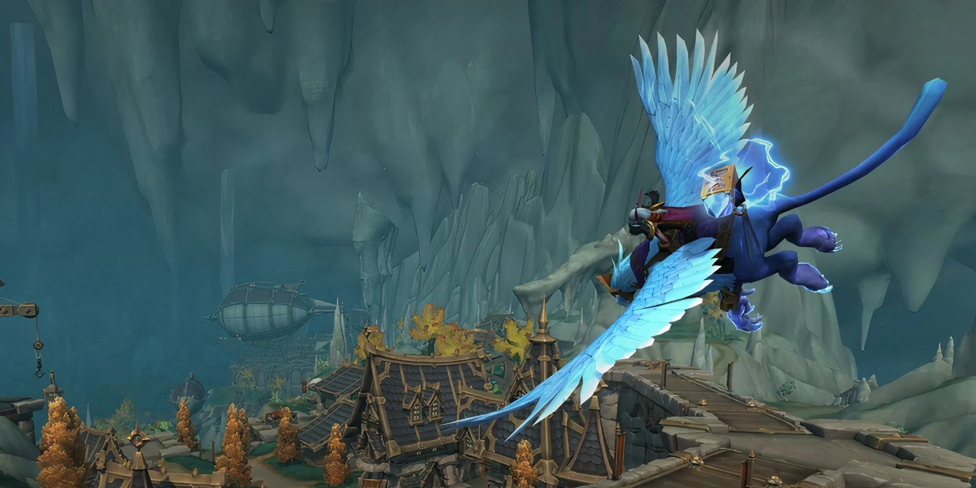Cảnh quan hùng vĩ trong World of Warcraft The War Within với một sinh vật có cánh bay trên thị trấn