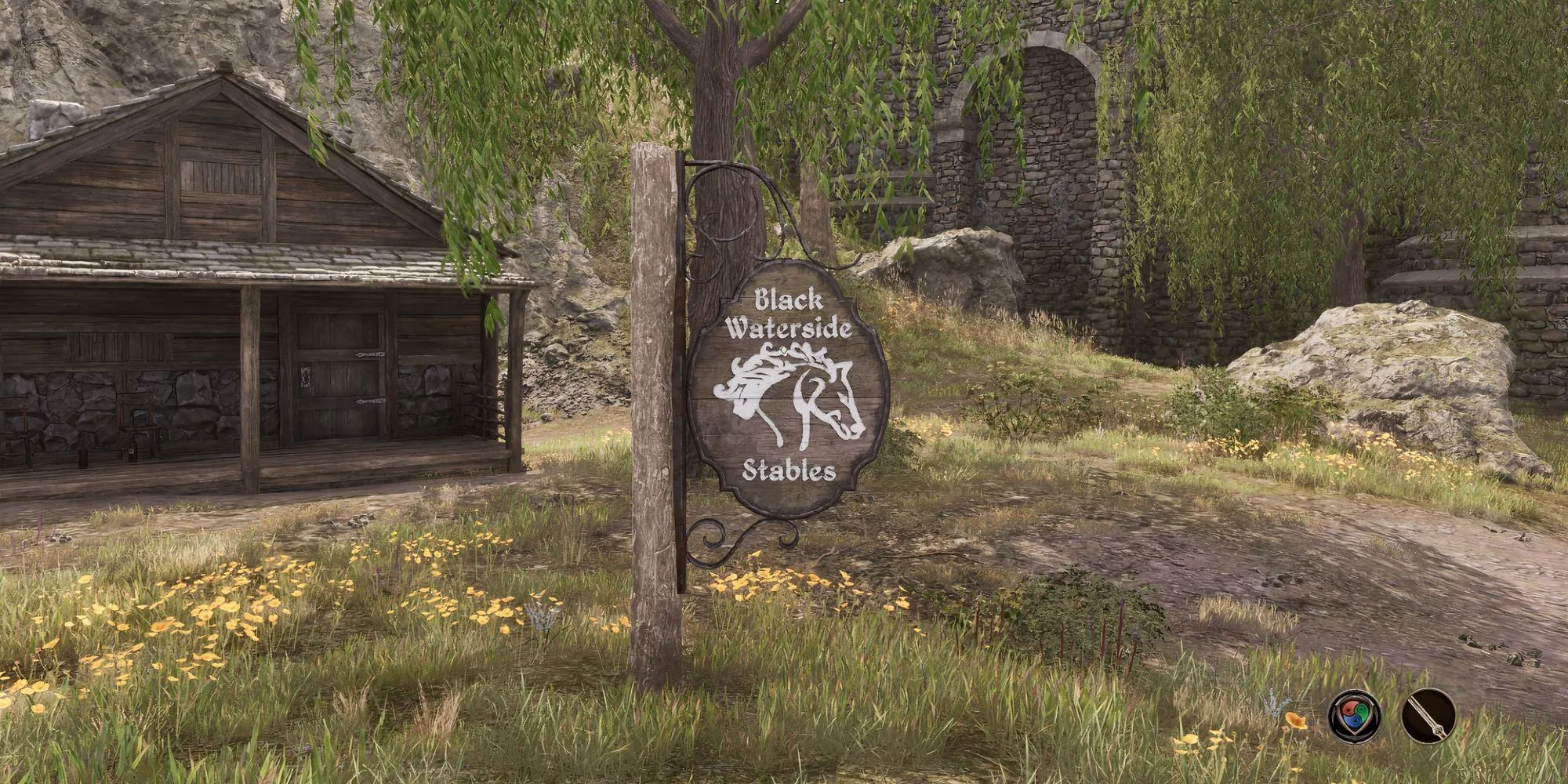 Cảnh quan Waterside Stables, một trong các chuồng ngựa để mua sắm ngựa tốt hơn trong Oblivion Remastered