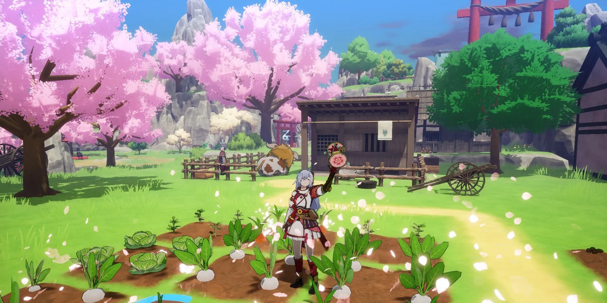 Cảnh trồng trọt và chăm sóc cây cối trong game Rune Factory Guardians of Azuma