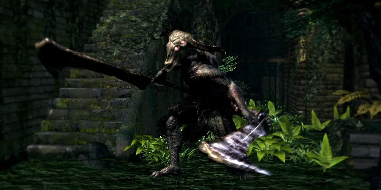 Capra Demon và hai con chó lao tới tấn công người chơi trong Dark Souls