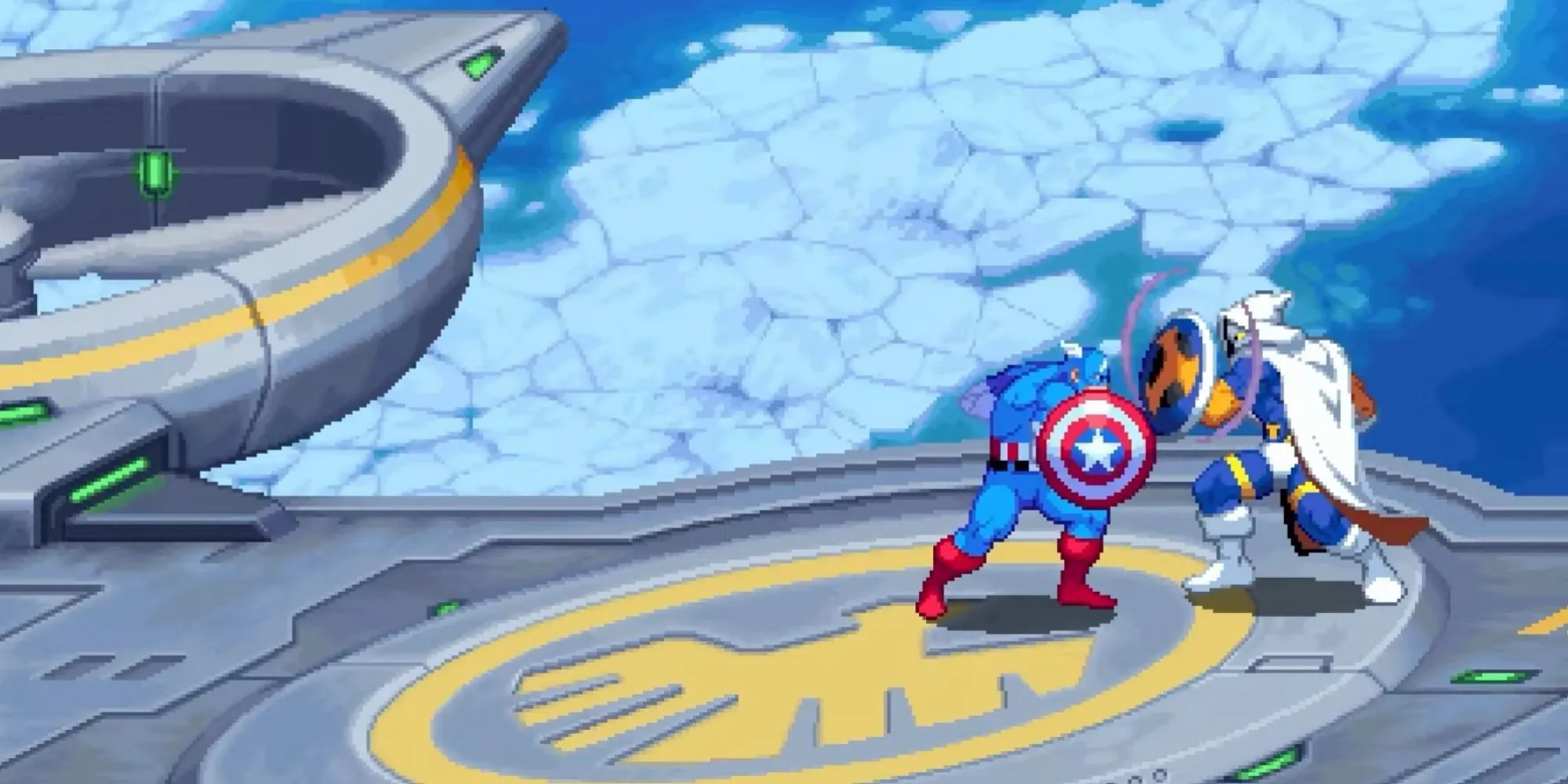 Captain America đối đầu Taskmaster trong Marvel Cosmic Invasion trên tàu Helicarrier