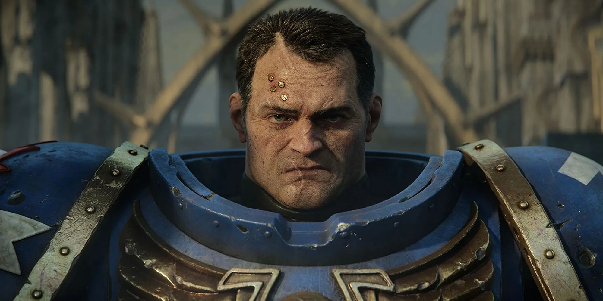 Captain Titus, một Space Marine kiên cường, chuẩn bị chiến đấu trong Warhammer 40,000: Space Marine II