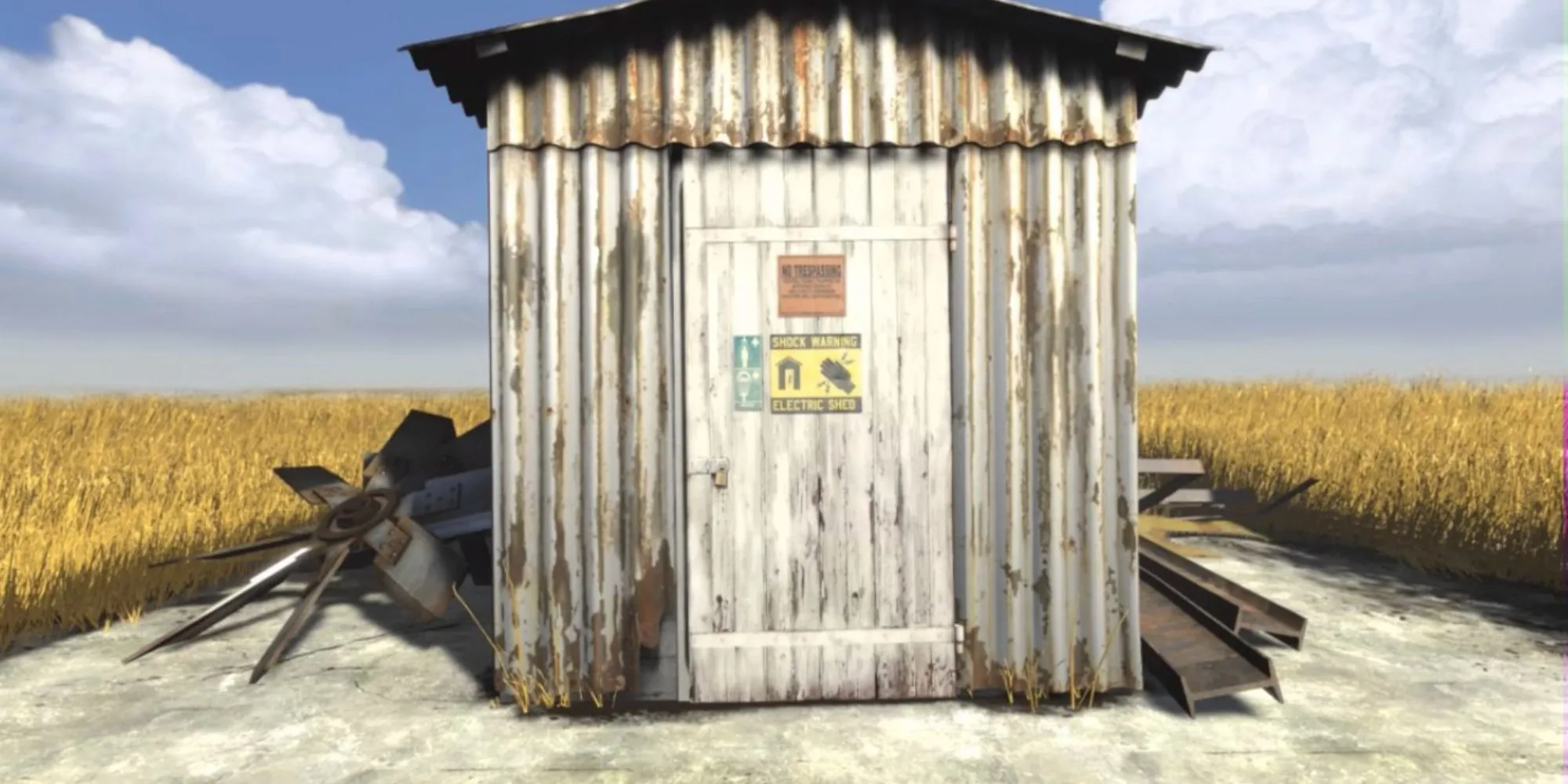 Chell bước ra từ cơ sở Aperture Science nhìn ra cánh đồng ngô bao la ở Thượng Michigan trong game Portal 2