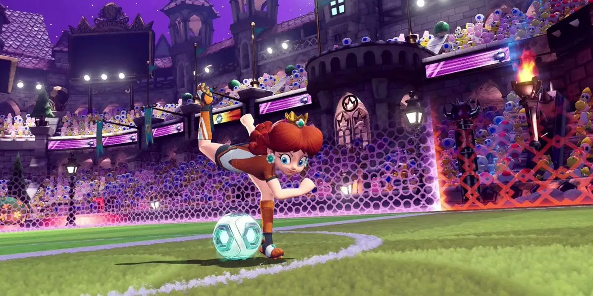 Công chúa Daisy chuẩn bị tung cú sút trong game bóng đá Mario Strikers: Battle League trên Nintendo Switch