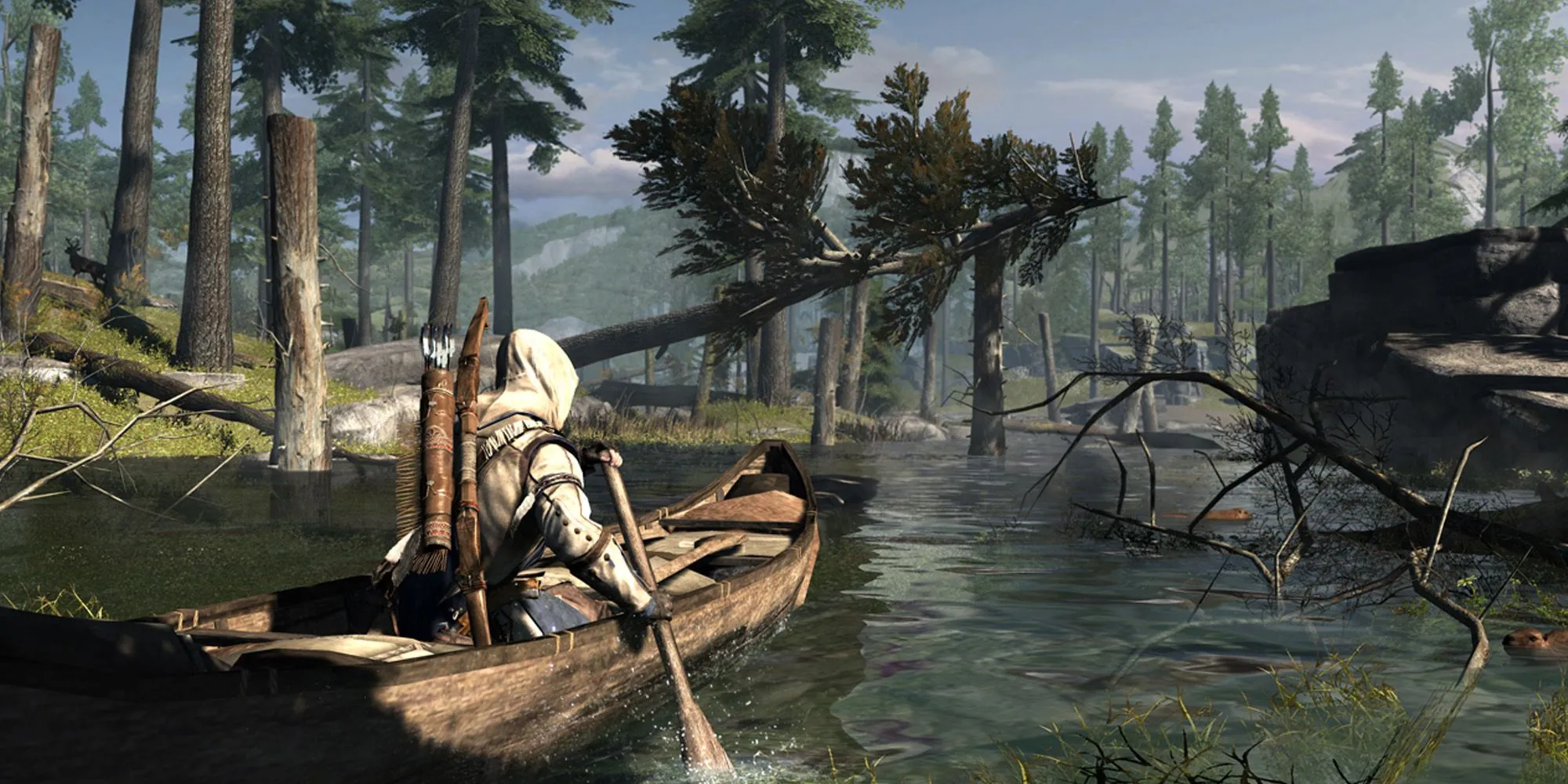 Connor Kenway chèo thuyền độc mộc qua sông trong bối cảnh thuộc địa Mỹ của Assassin's Creed 3