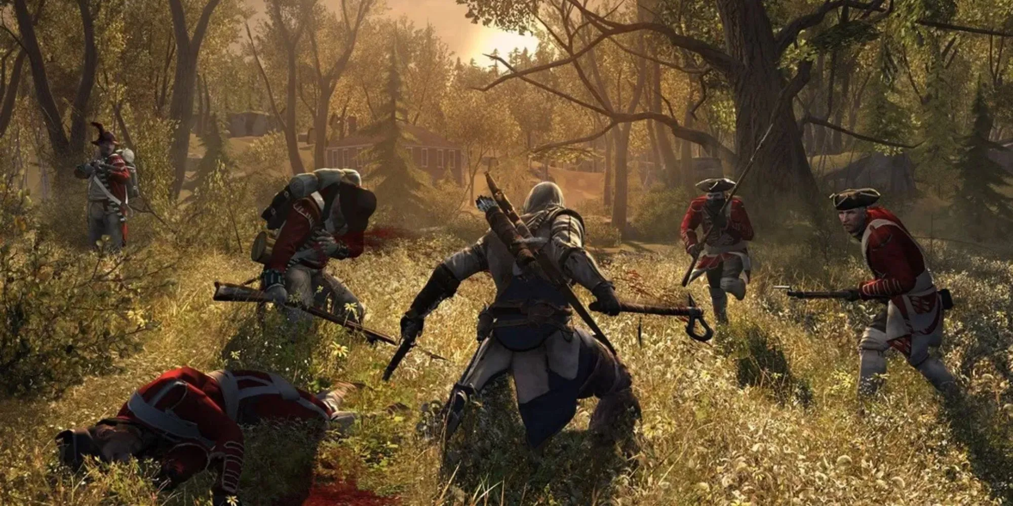Connor Kenway trong Assassin's Creed 3 đang ẩn mình trên một cành cây, sẵn sàng ám sát