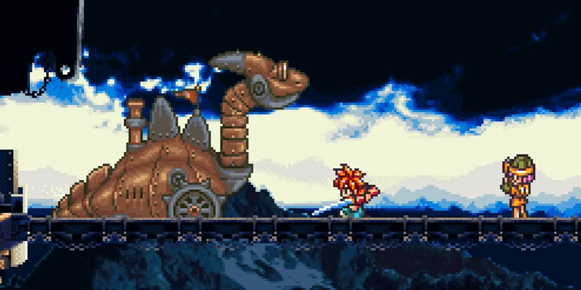 Crono và Luca chiến đấu với Dragon Tank trong Chrono Trigger
