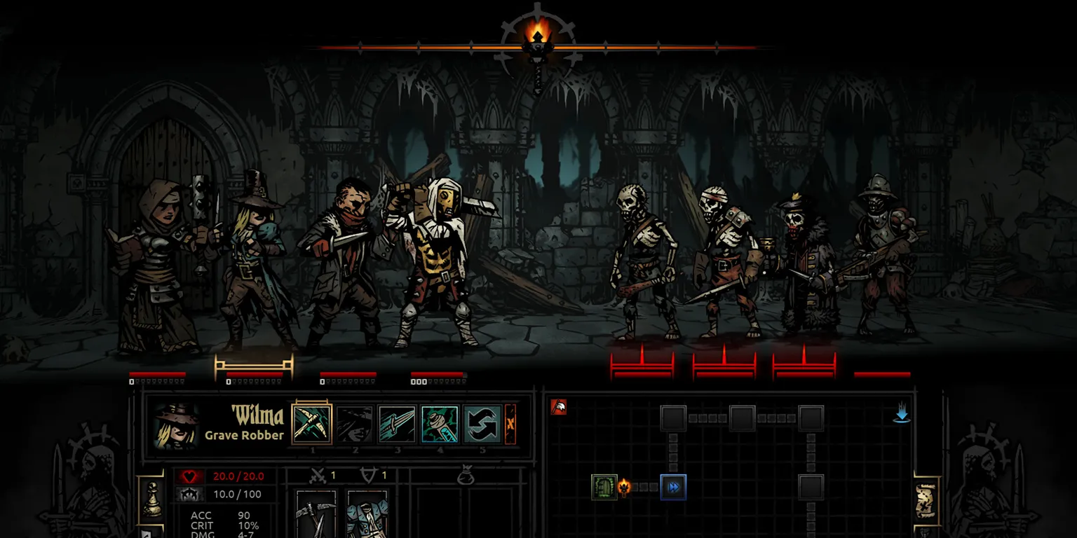 Đội hình các nhân vật chiến đấu trong hầm ngục tối tăm của Darkest Dungeon.
