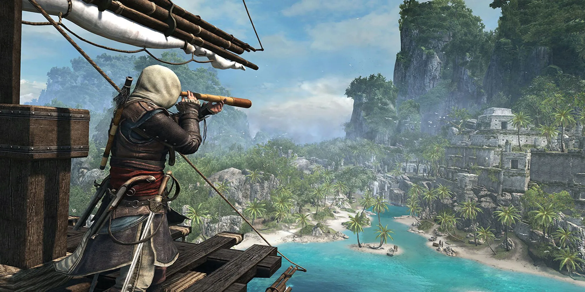 Edward Kenway nhìn ra biển từ con tàu của mình trong game cướp biển Assassin's Creed 4: Black Flag