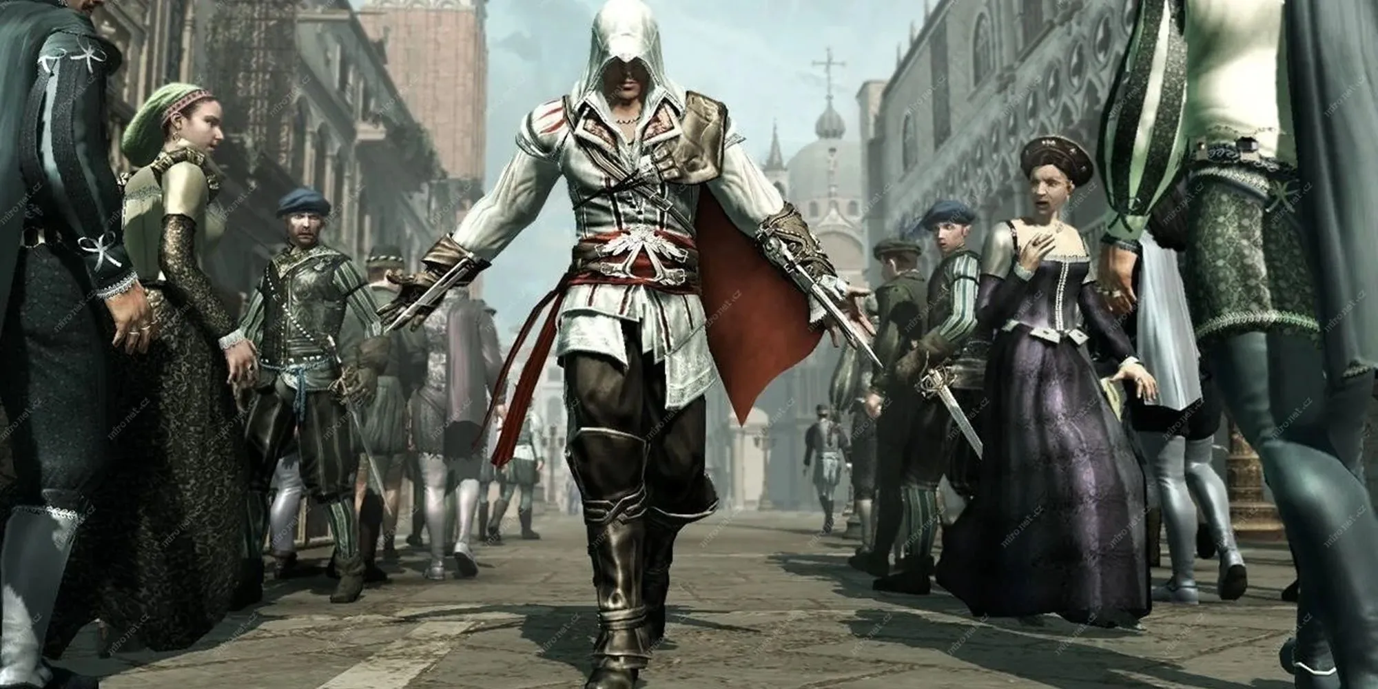 Ezio Auditore da Firenze trình diễn lưỡi dao ẩn trong phiên bản Assassin's Creed 2 kinh điển
