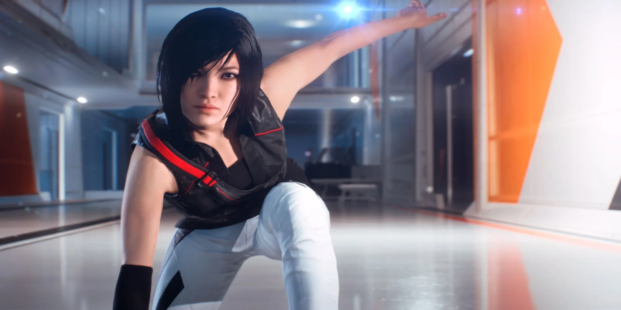 Faith thực hiện động tác parkour trên mái nhà trong Mirror's Edge Catalyst